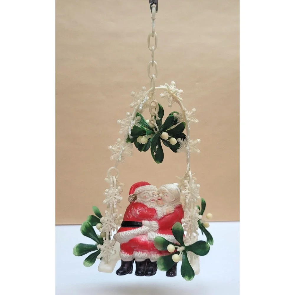 Vintage Kissing Santa and Mrs Claus Hanging Swing Mistletoe Ornament 10.5